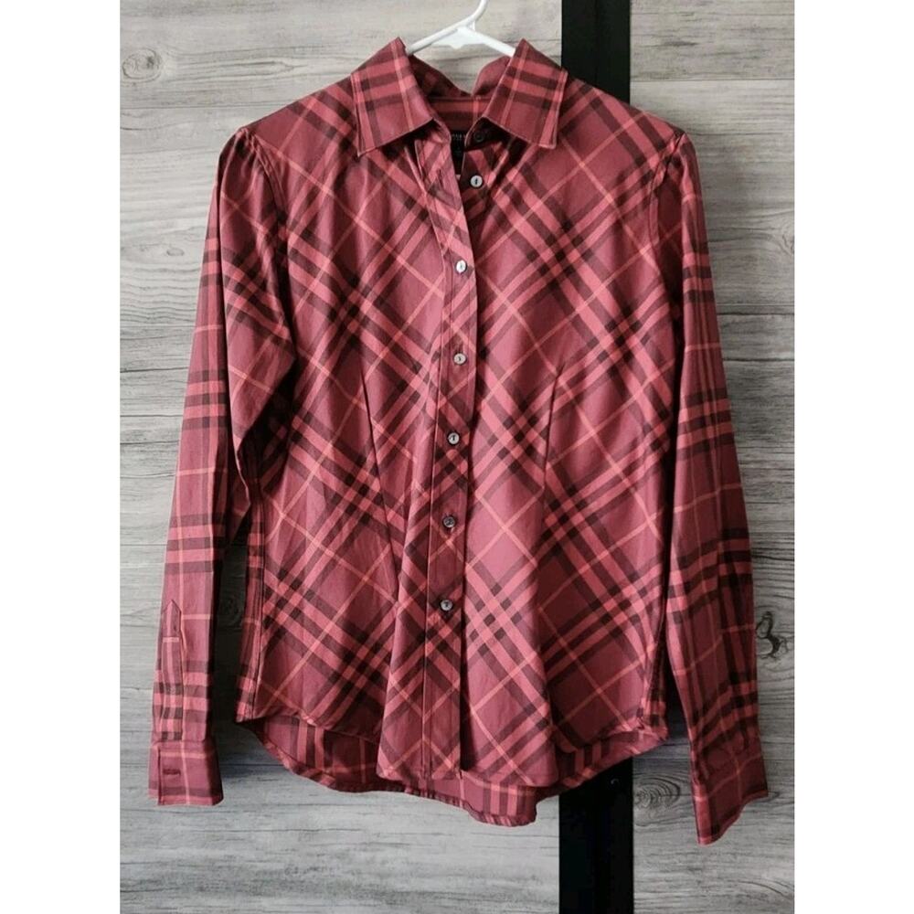 Burberry Women’s Nova Check Burgundy Red Plaid Cotton Button-Up Shirt Small EUC
